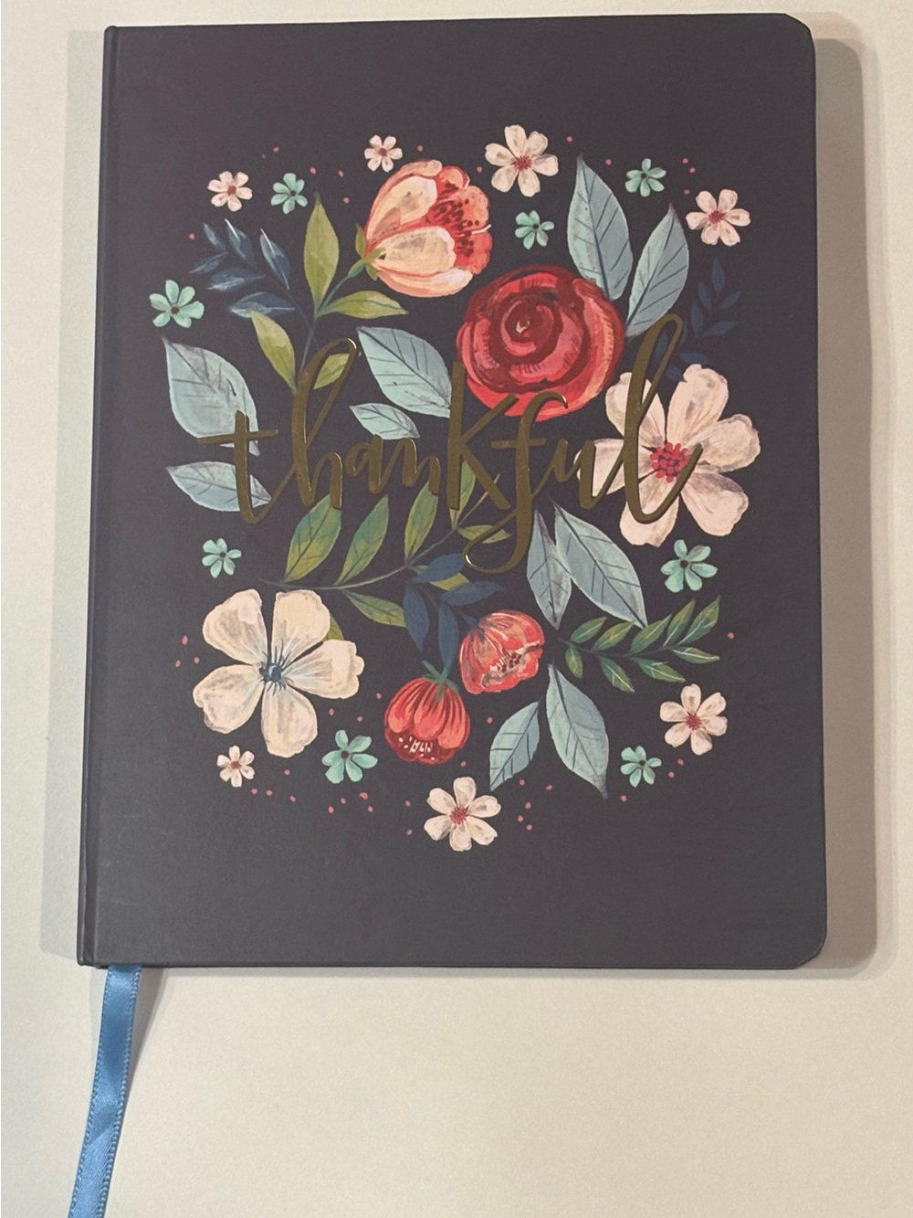 Floral 'Thankful' Hardcover Journal in Navy Blue